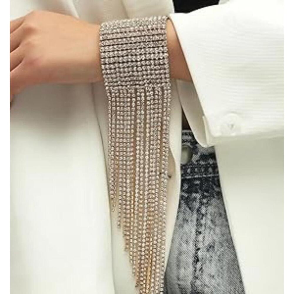 Long Tasseled Rhinestone Bracelet In Gold - Picture 2 of 6